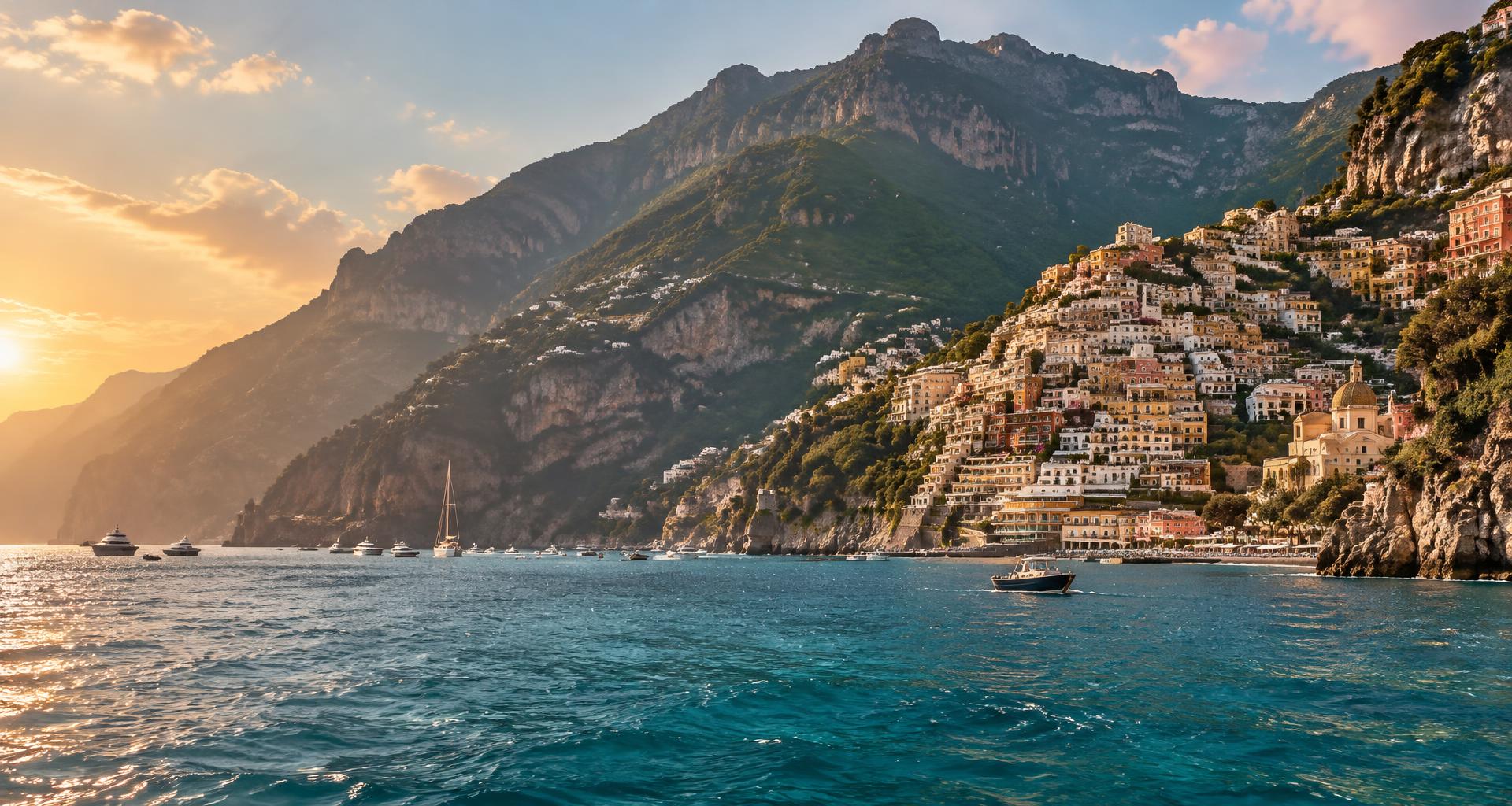 Sunlit coastal villages above the turquoise sea in Positano, Italy