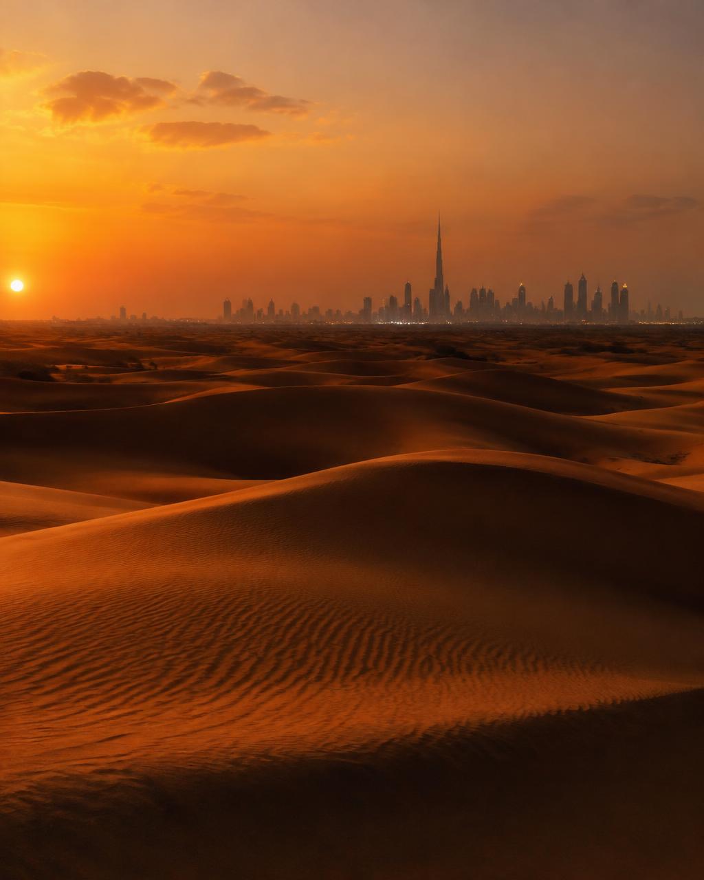 Desert dunes at dusk with the Dubai skyline on the horizon