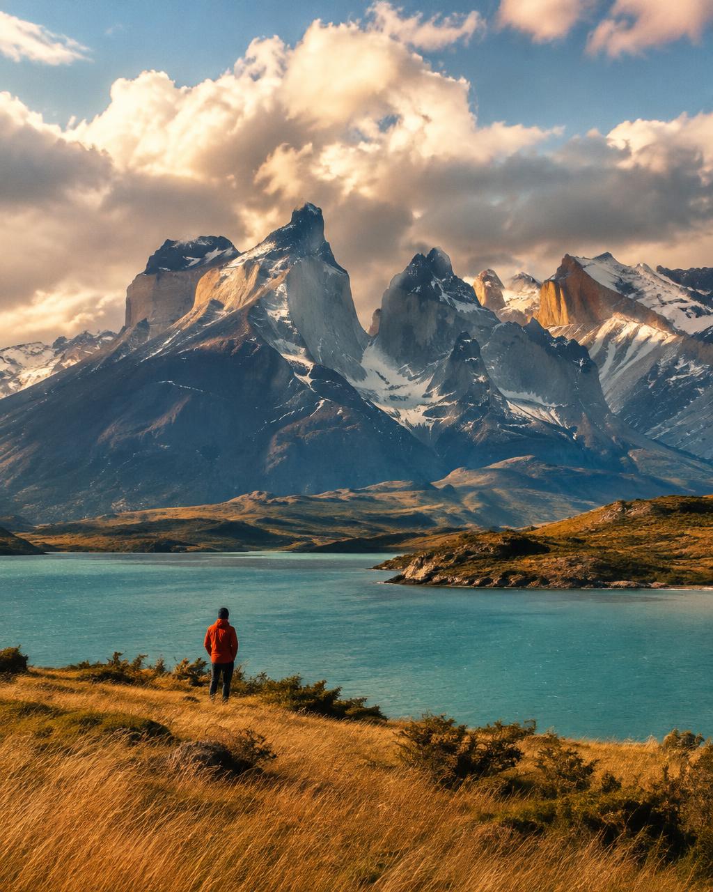 Granite towers above a turquoise lake in Patagonia