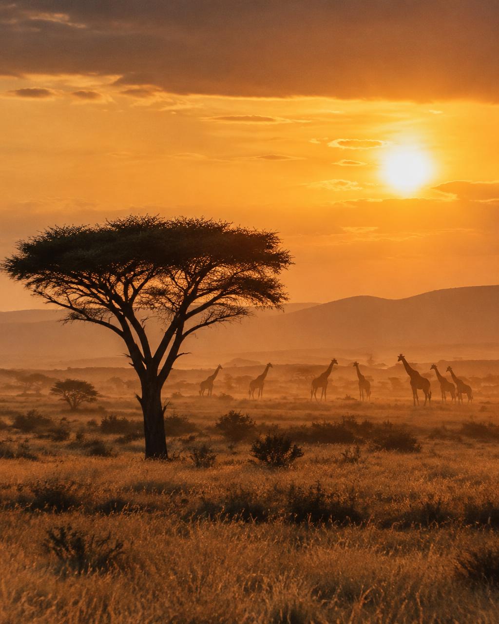Giraffes crossing the Serengeti beside an acacia tree