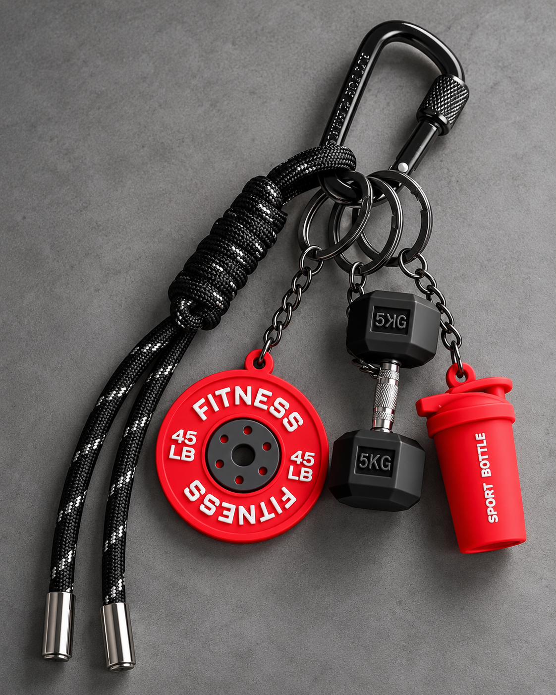 NERVE carabiner keychain with barbell, dumbbell and shaker charms